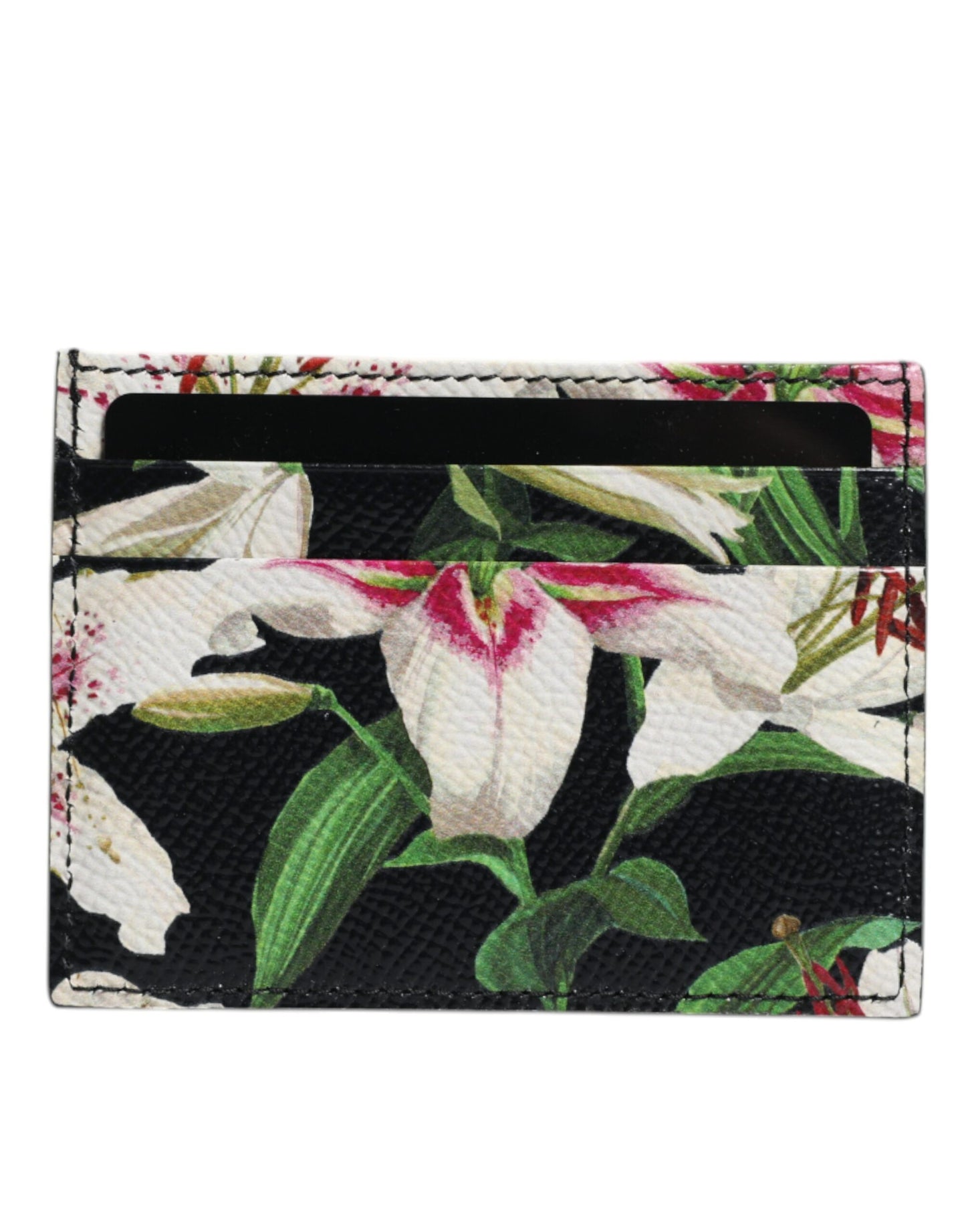 Black Floral Leather Card Holder DG Logo Plaque Wallet