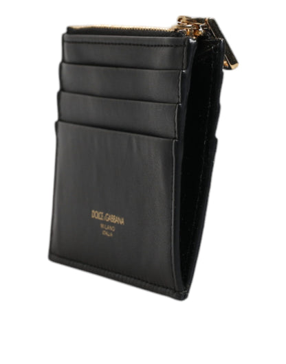 Black Leather Card Holder Case DG Logo Zip Wallet