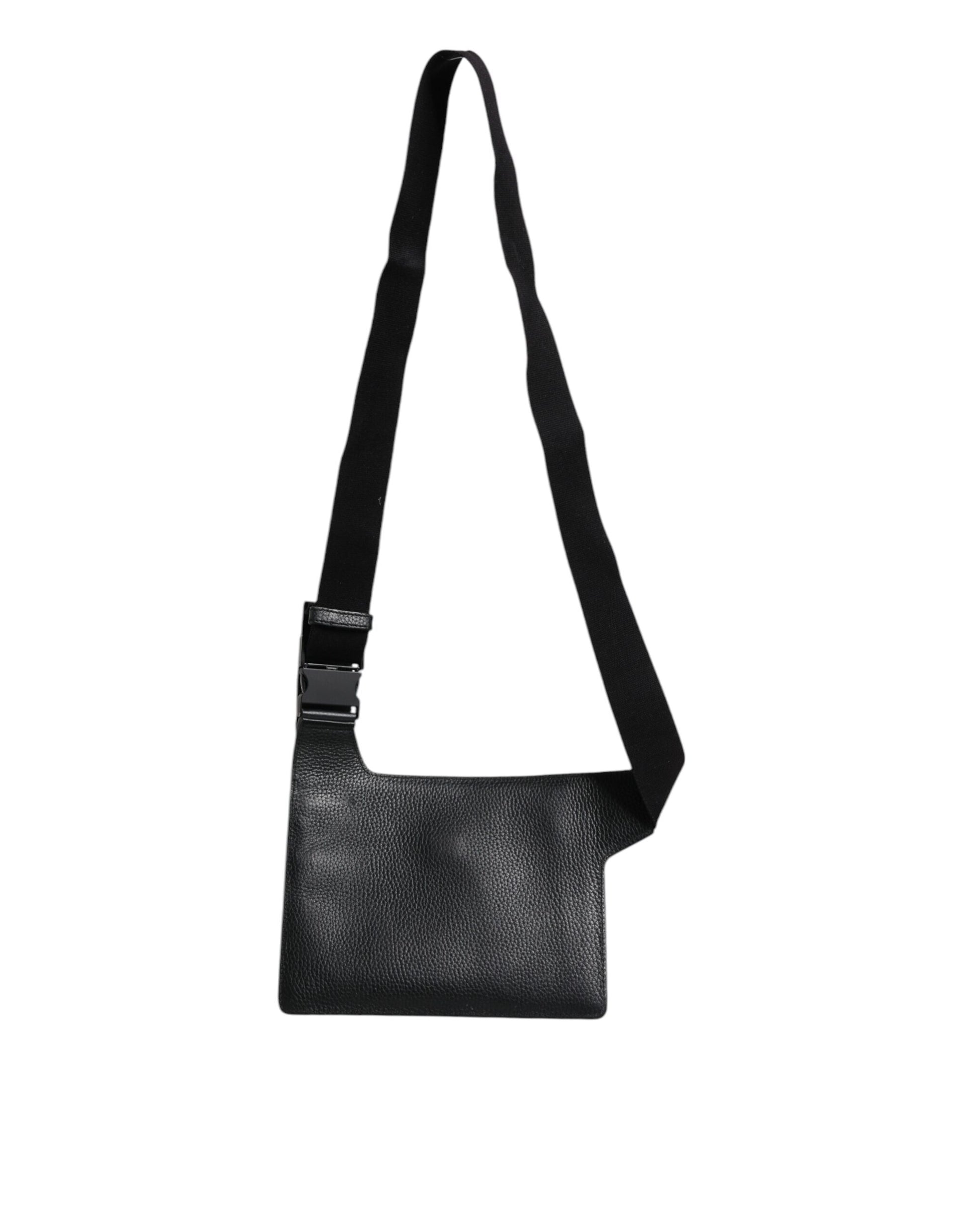 Black Calfskin Leather Messenger Crossbody Bag