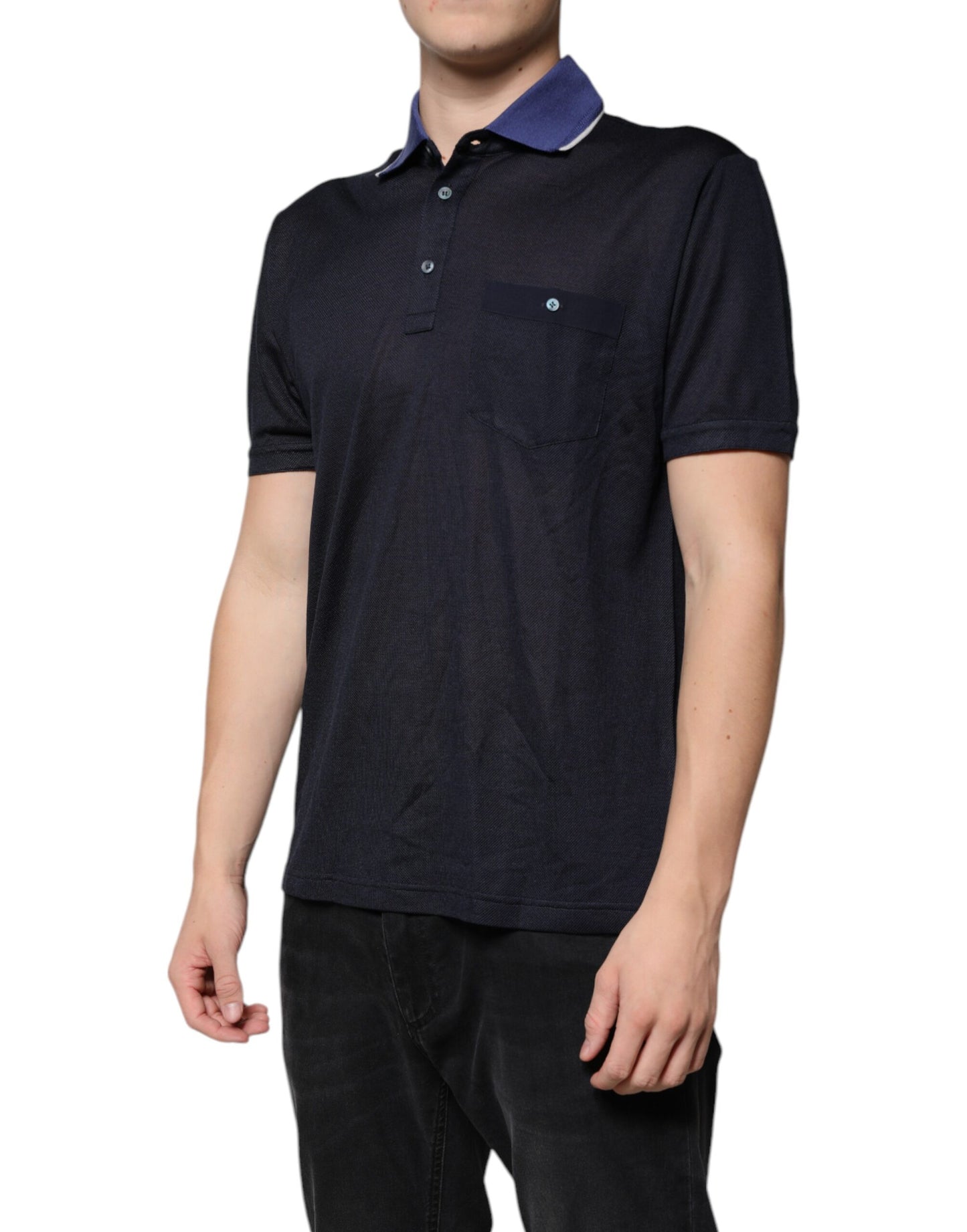 Blue Silk Collared Short Sleeves Polo T-shirt