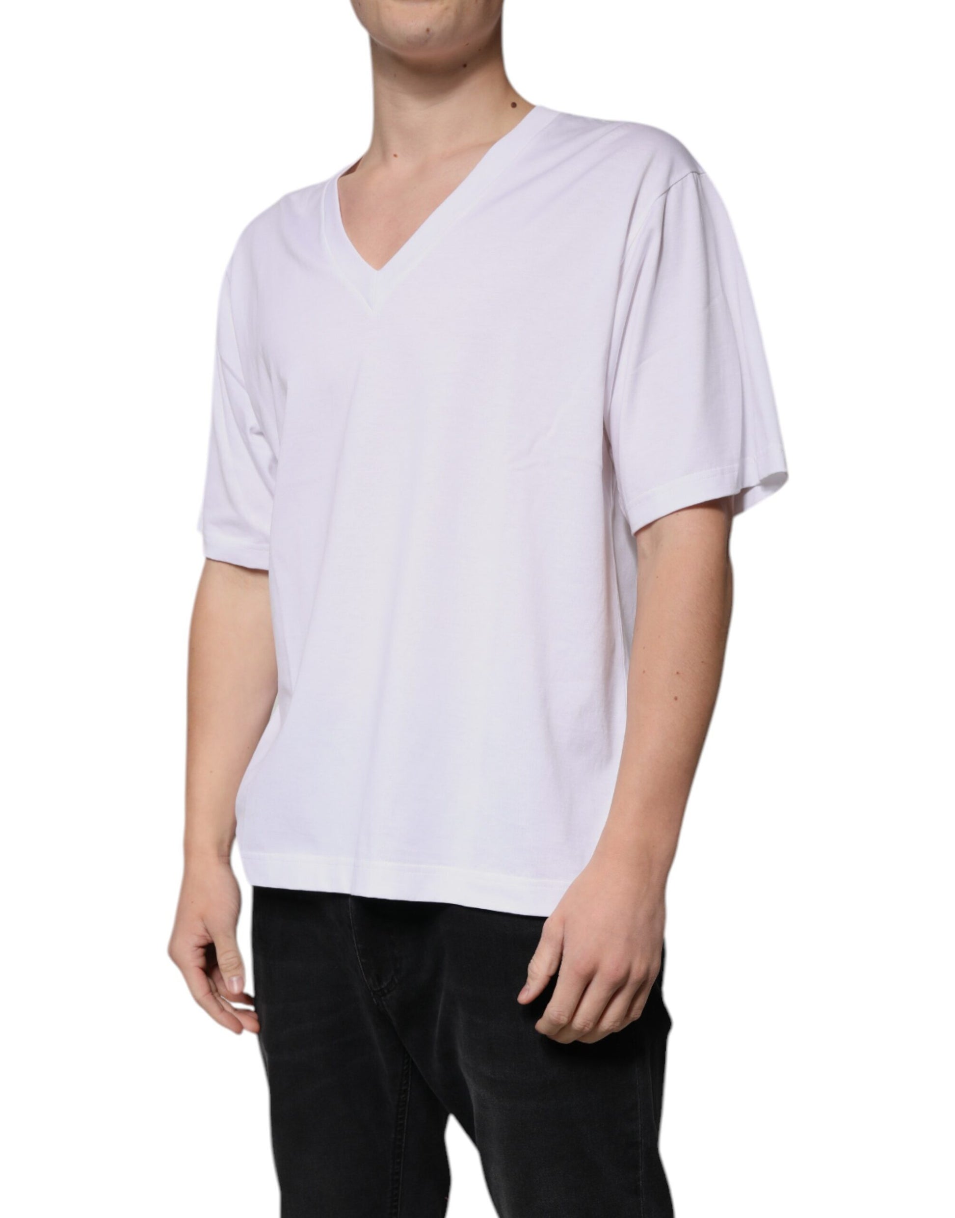 White Cotton V-neck Short Sleeves T-shirt