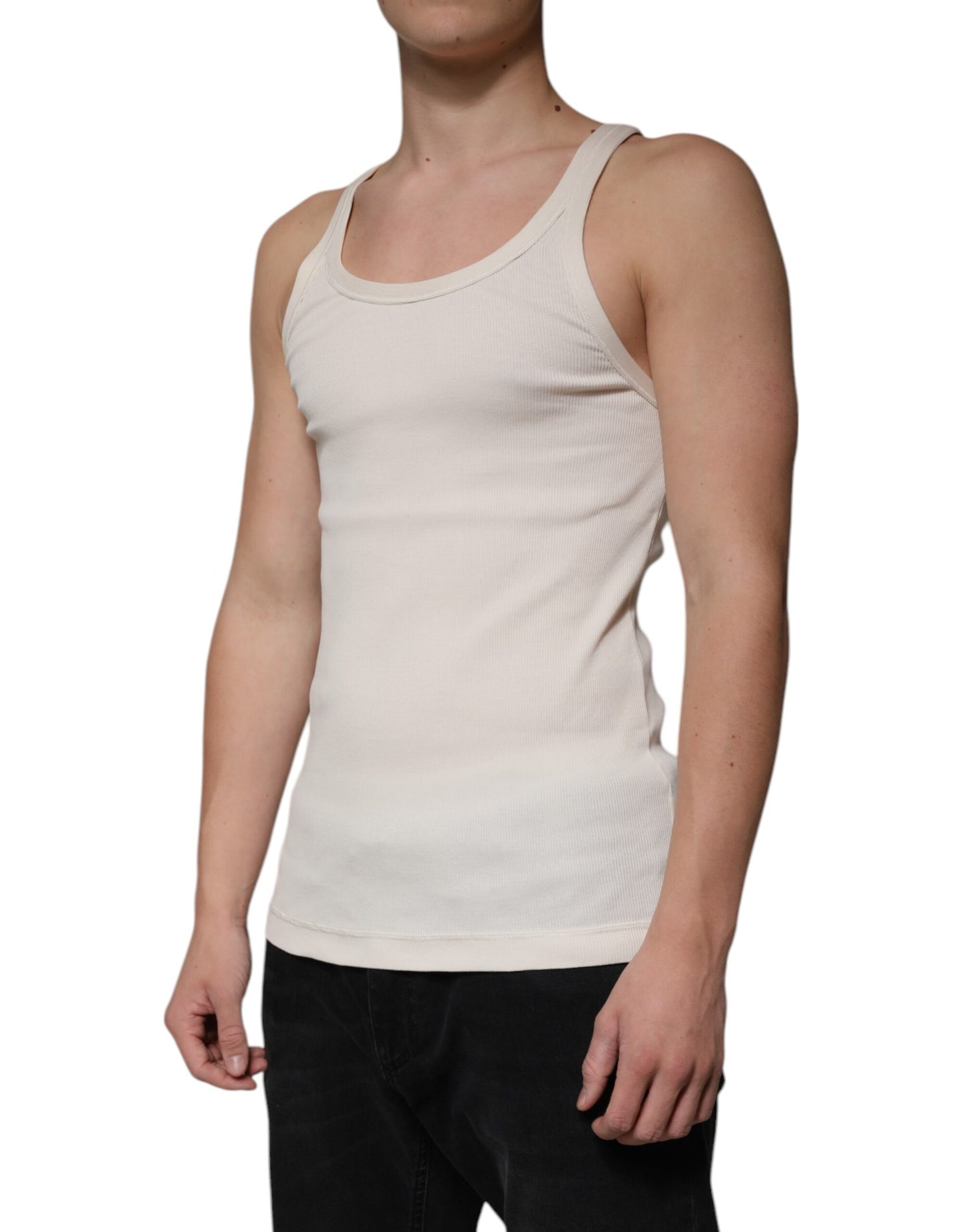 Off White Cotton Sleeveless Round Neck Tank T-shirt