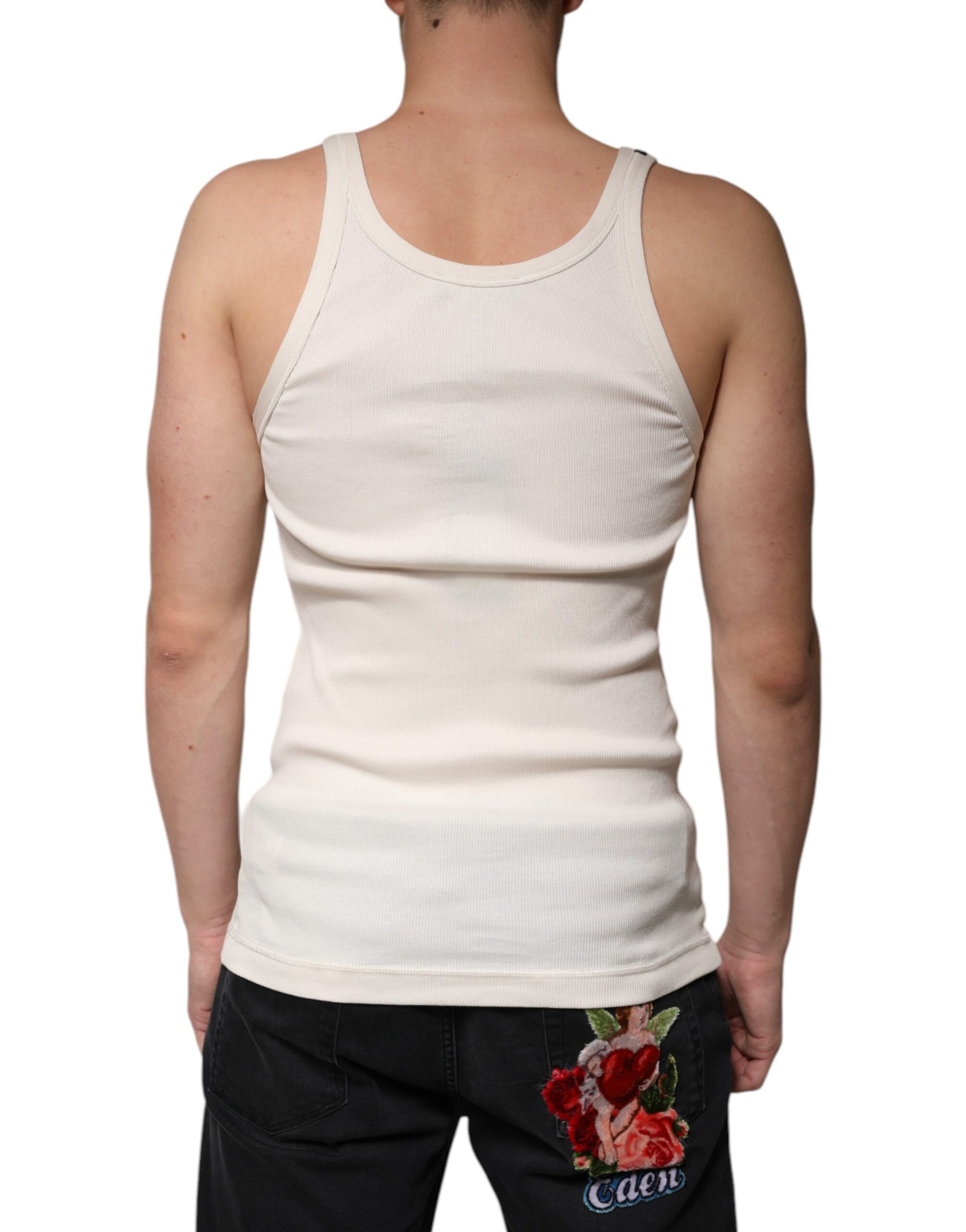 Off White Cotton Sleeveless Round Neck Tank T-shirt