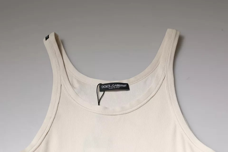 Off White Cotton Sleeveless Round Neck Tank T-shirt