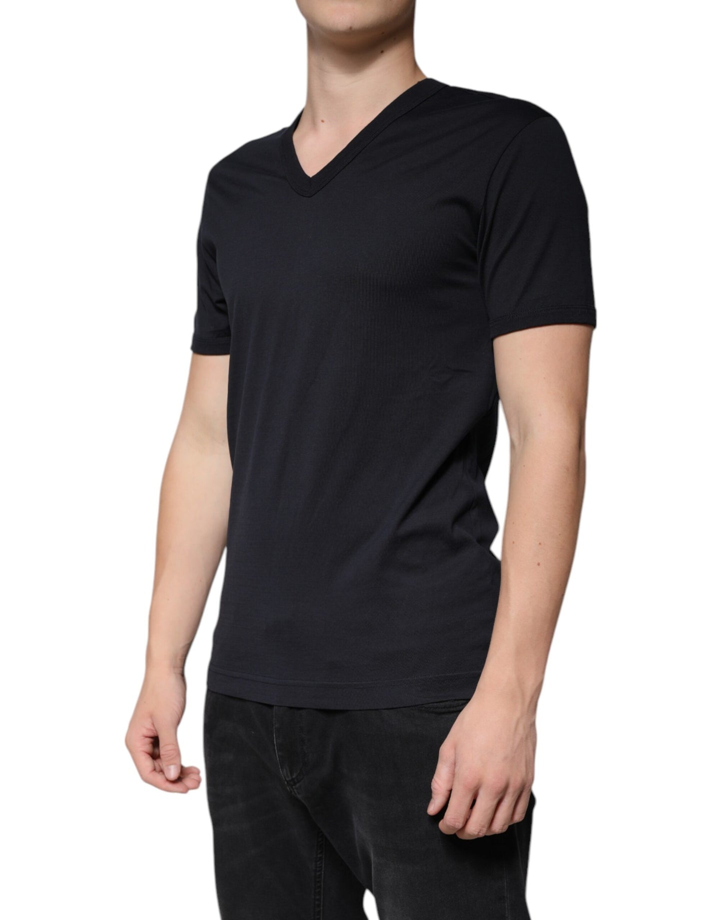 Black Cotton V-neck Short Sleeves T-shirt