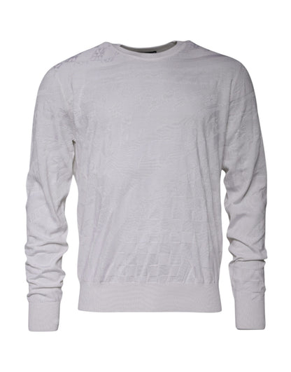 White Silk Crew Neck Men Pullover Sweater