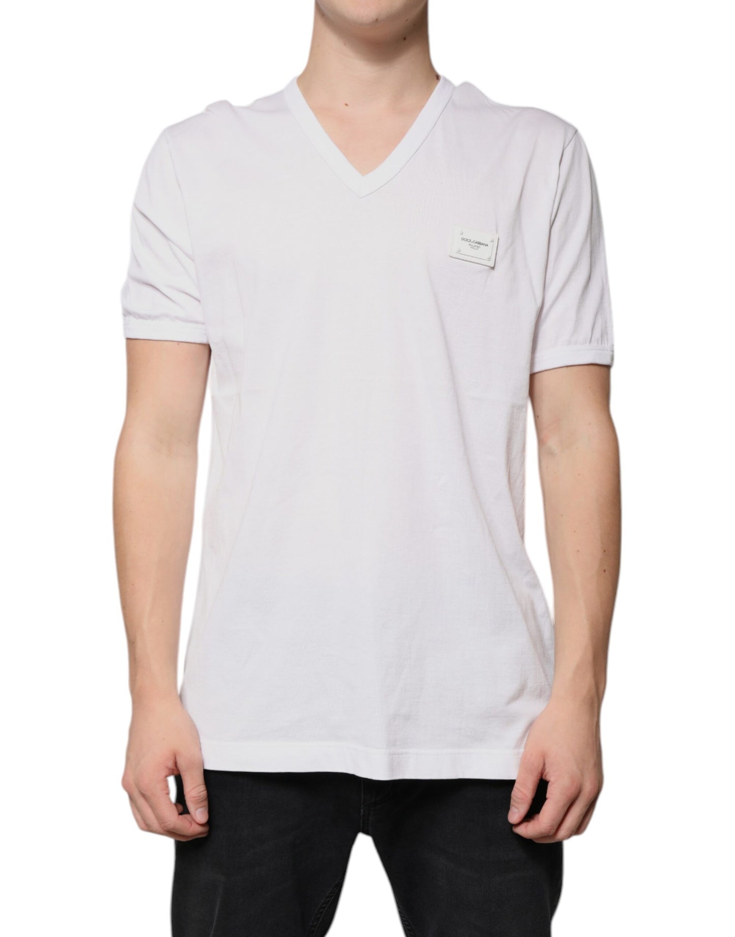 White Logo V-neck Short Sleeve T-shirt