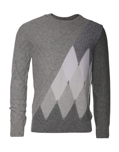 Gray Cashmere Argyle Intarsia Knit Crew Neck Sweater