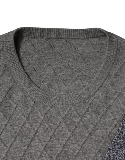 Gray Cashmere Argyle Intarsia Knit Crew Neck Sweater