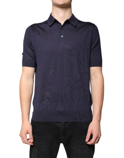 Blue Silk Collared Short Sleeves Polo T-shirt