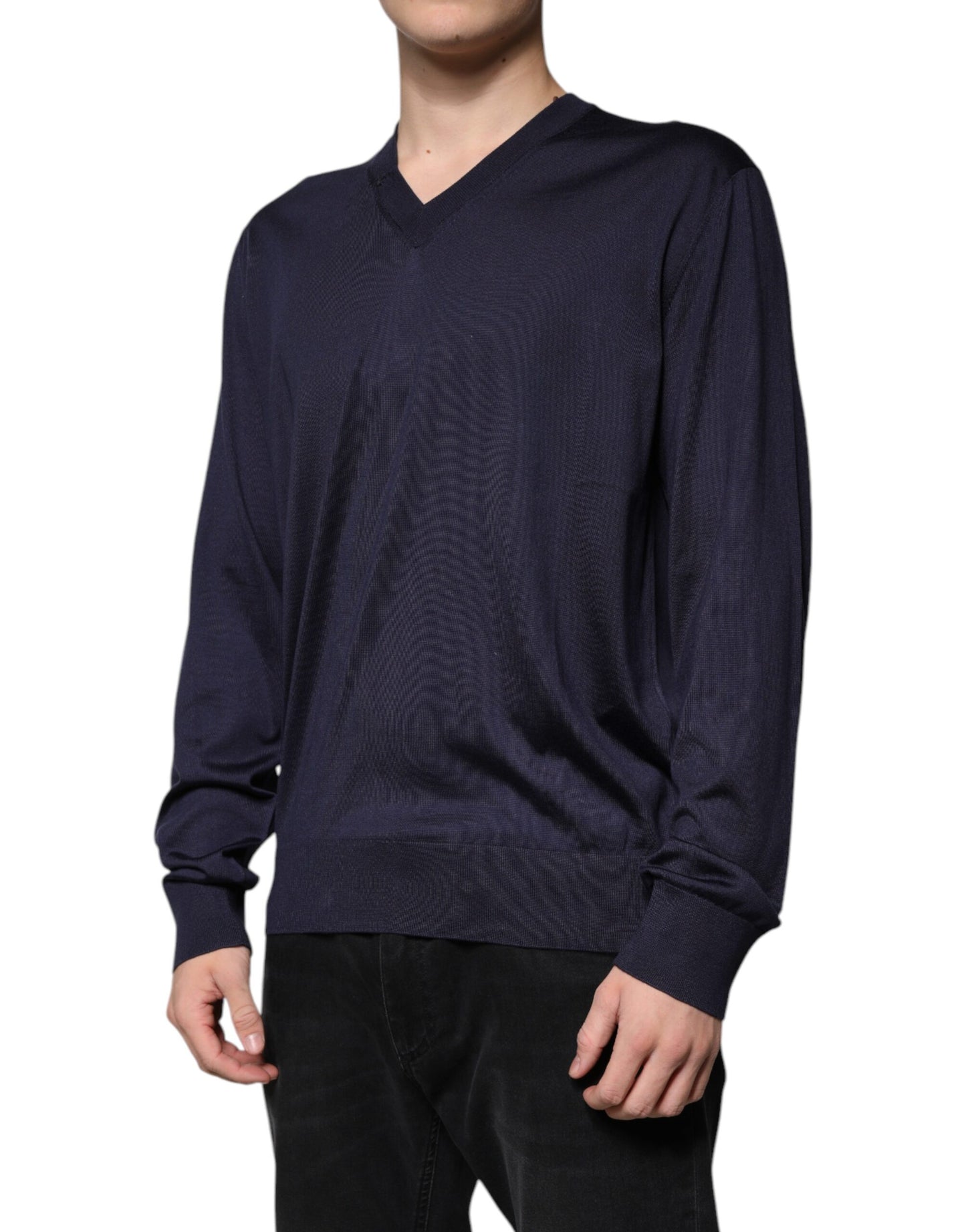 Navy Blue Silk V-neck Pullover Sweater