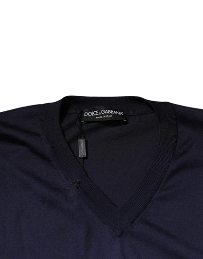 Navy Blue Silk V-neck Pullover Sweater