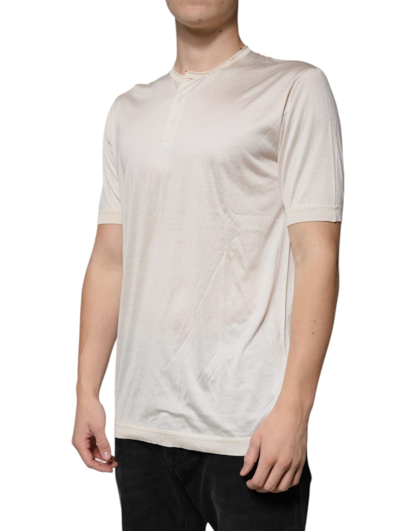 Off White Silk Crew Neck Henley T-shirt