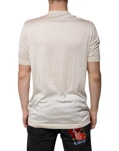 Off White Silk Crew Neck Henley T-shirt