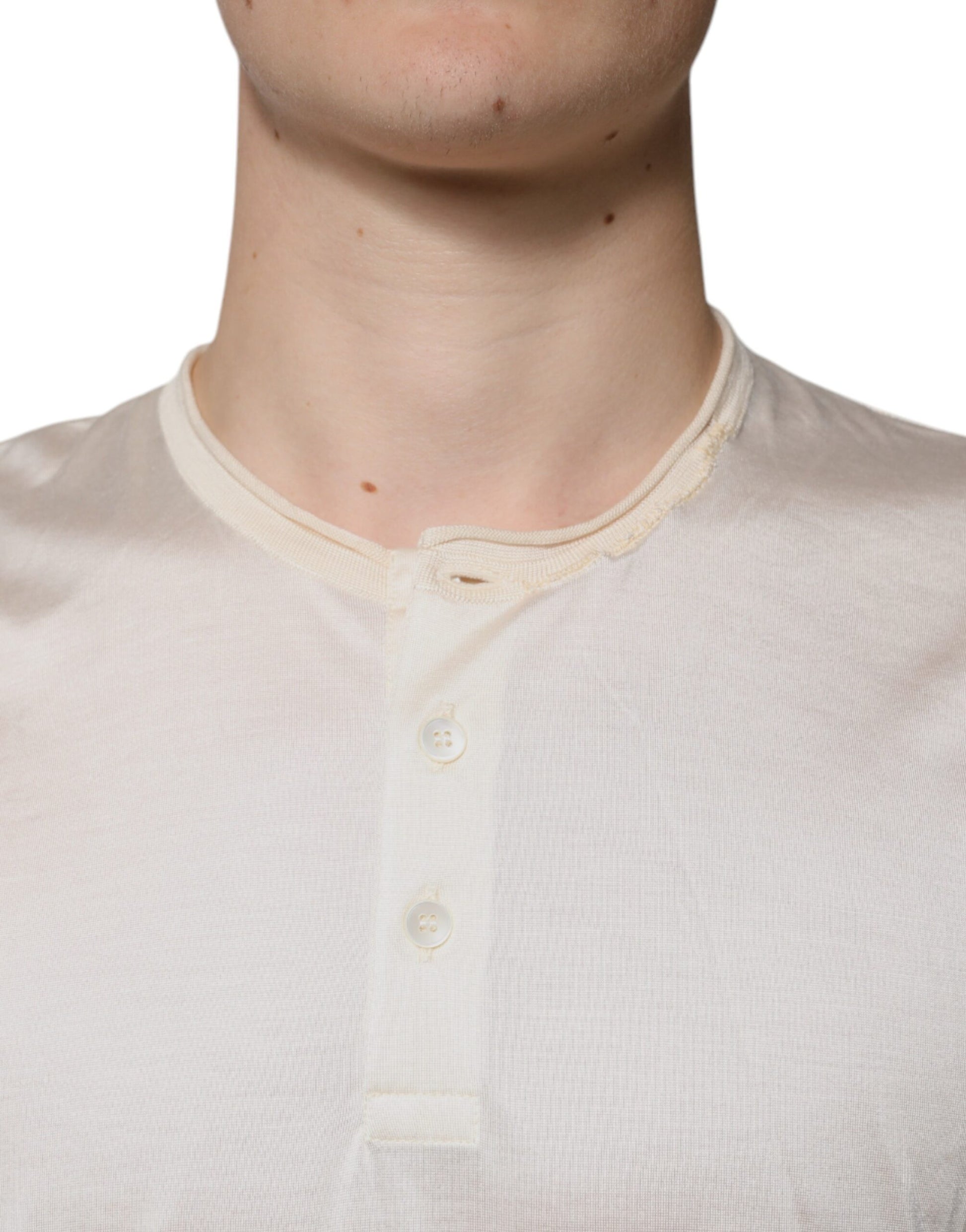 Off White Silk Crew Neck Henley T-shirt