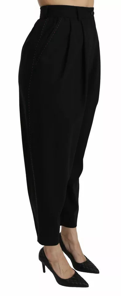 Black Wool High Waist Pleat Front Cropped Pants