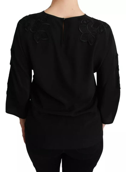 Black Floral Embroidered Blouse Silk Top