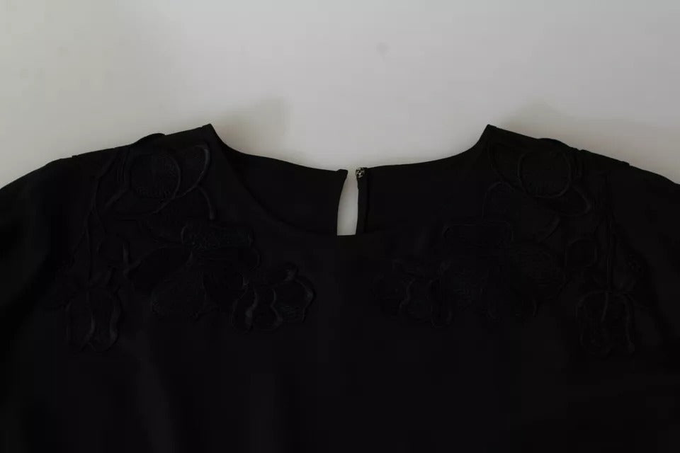 Black Floral Embroidered Blouse Silk Top