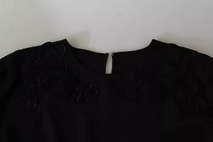 Black Floral Embroidered Blouse Silk Top