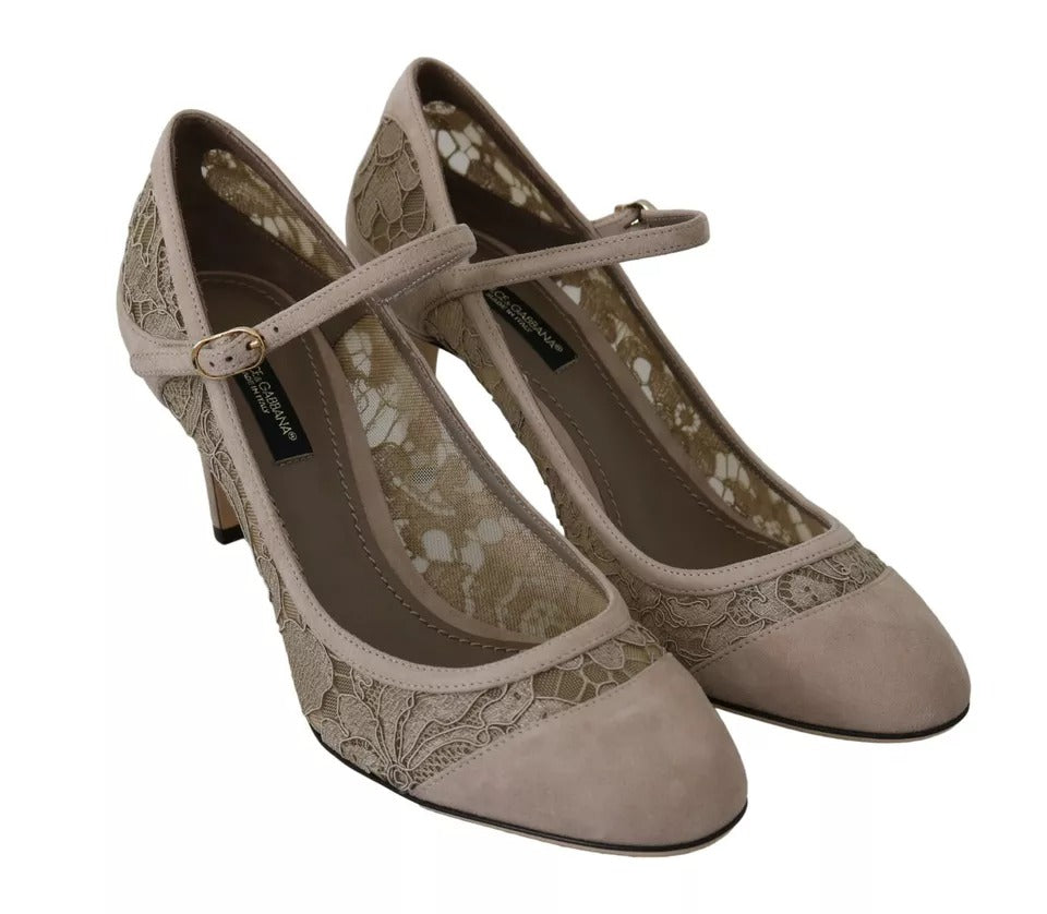 Beige Floral Lace Mary Janes Pumps Shoes