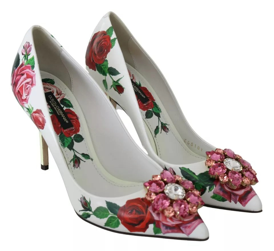 White Leather Roses Crystal Pumps Shoes