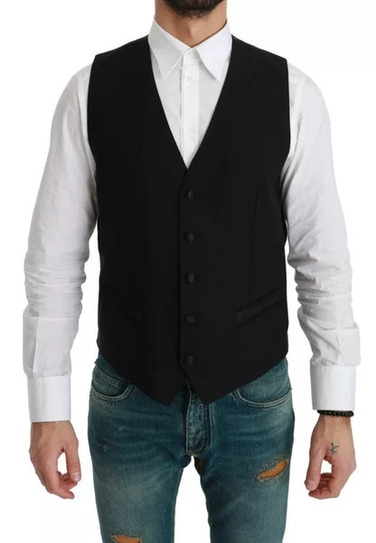 Black Virgin Wool Waistcoat Formal Vest