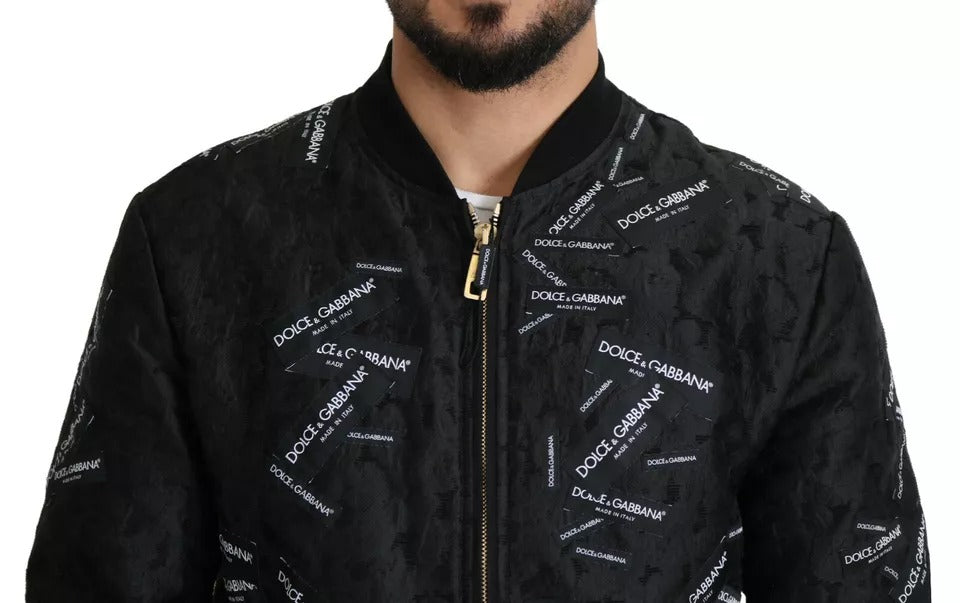 Black Logo Patch Brocade Bomber Full Zip Jacket