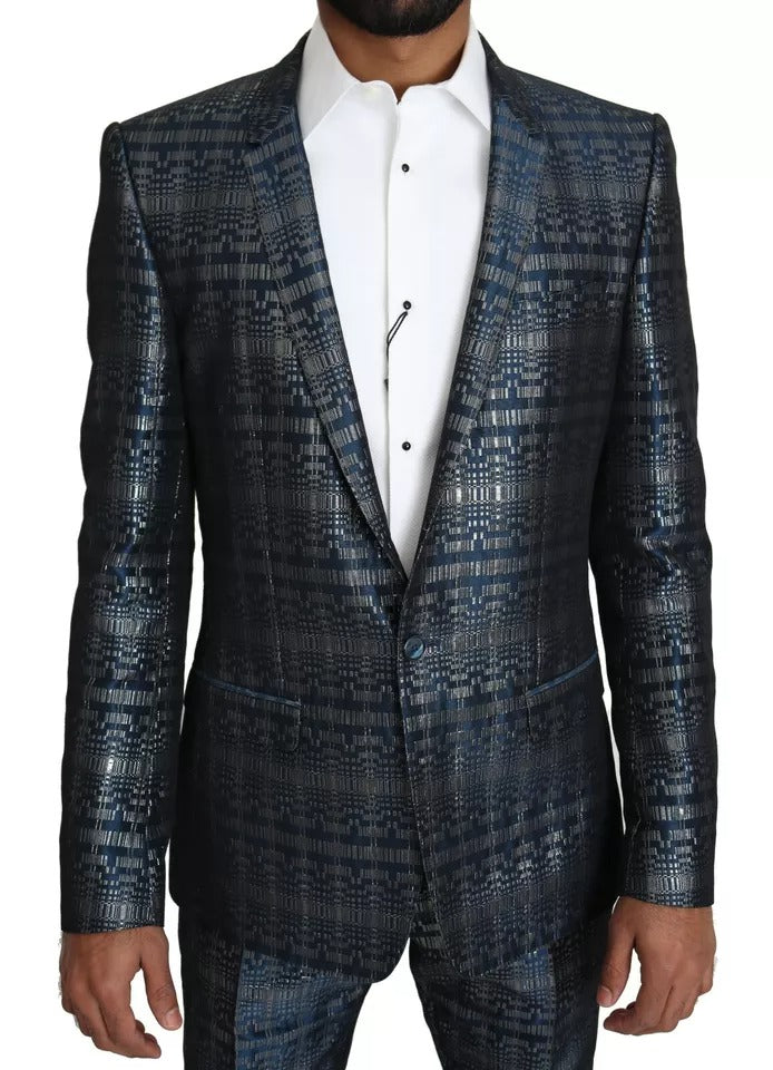 Blue Silver Shiny 2 Piece Slim GOLD Suit