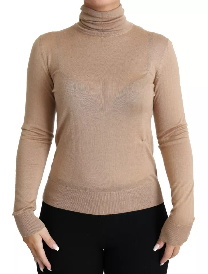 Beige Cashmere Silk Turtleneck Pullover Sweater