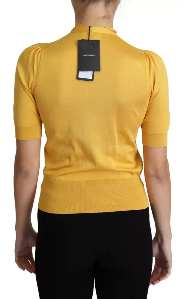 Yellow Silk Knit Pullover Ascot Collar Top