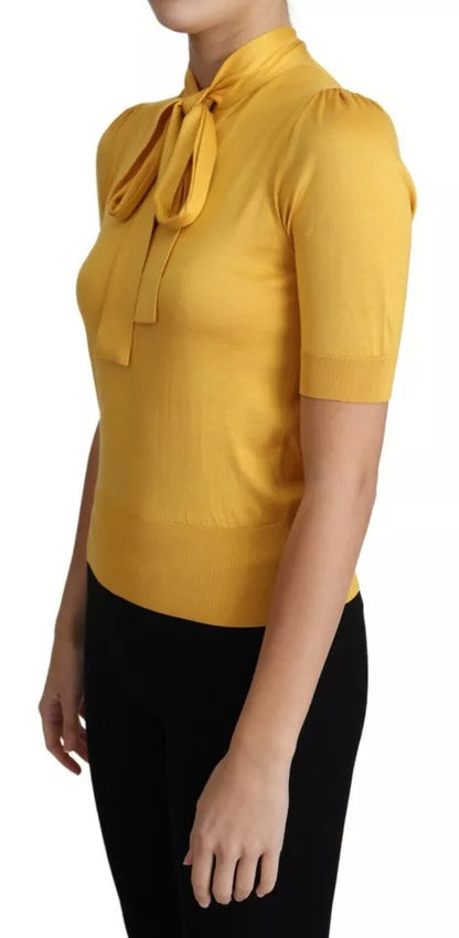 Yellow Silk Knit Pullover Ascot Collar Top