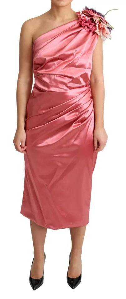 Pink Draped Midi Flower Applique Dress