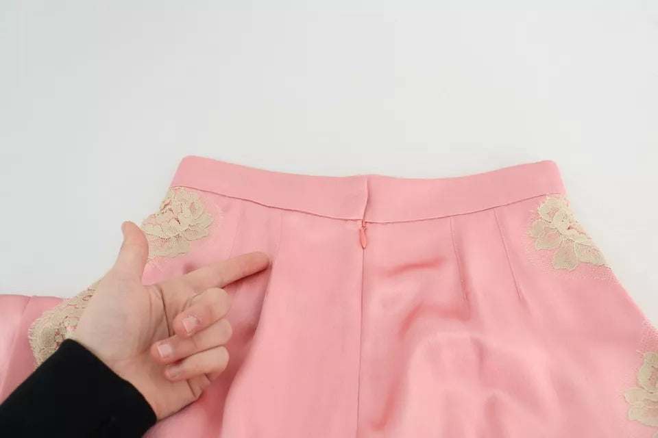 Pink Lace Trimmed Silk Satin Wide Legs Pants