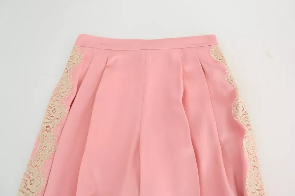 Pink Lace Trimmed Silk Satin Wide Legs Pants