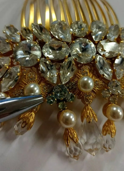 Gold Brass Clear Crystal Hair Stick Accessory Comb