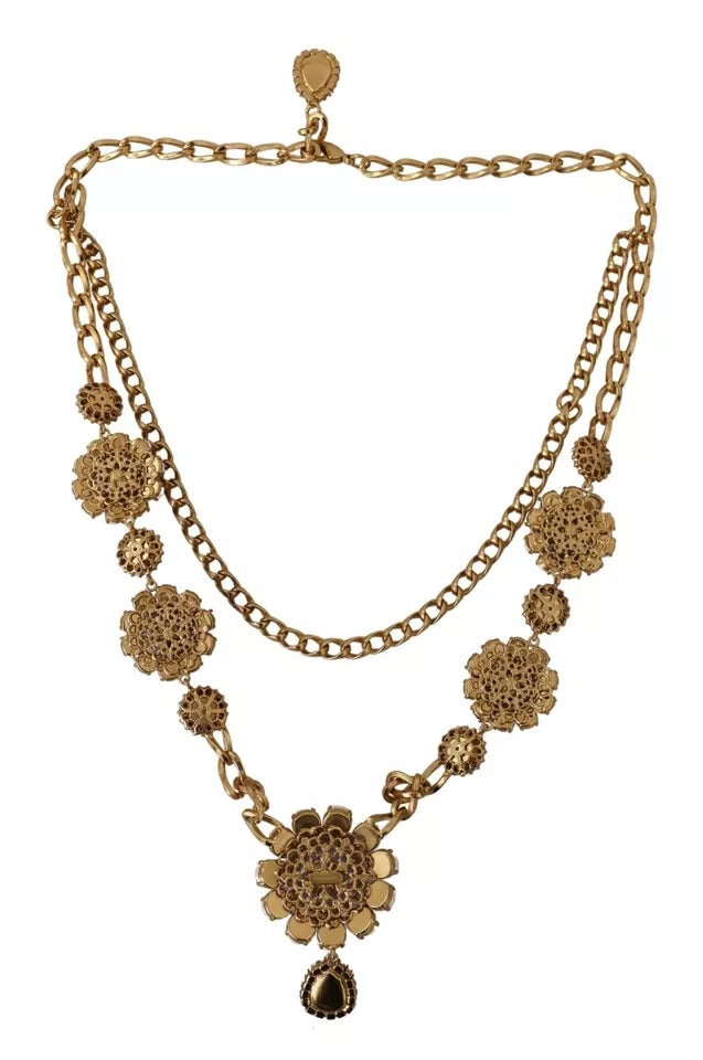 Gold Tone Floral Crystals Purple Embellished Necklace