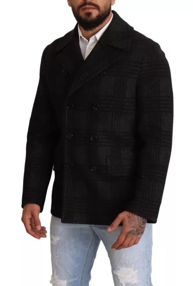 Black Trench Coat Check Wool Jacket