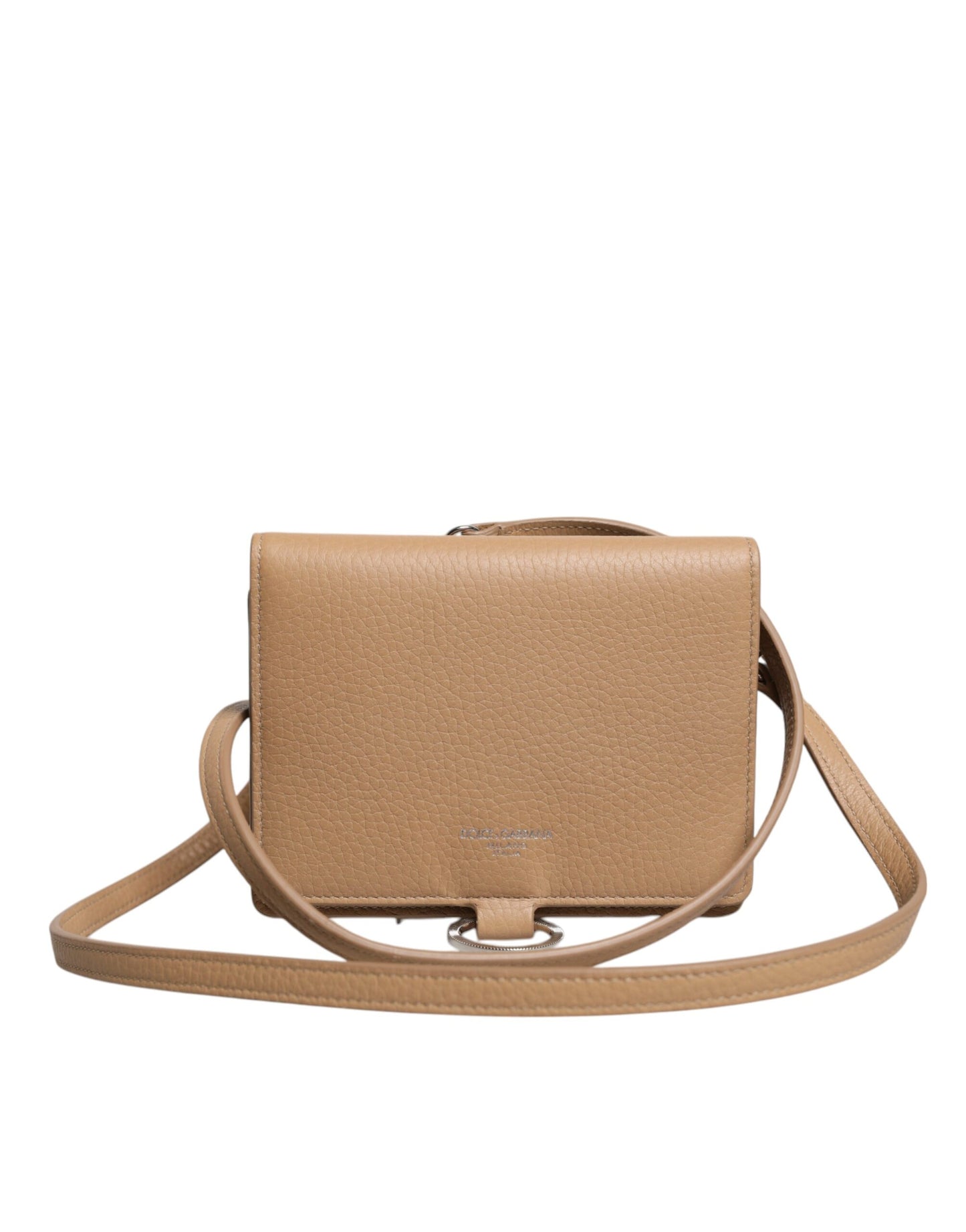 Beige Calf Leather Bifold Crossbody Sling Wallet