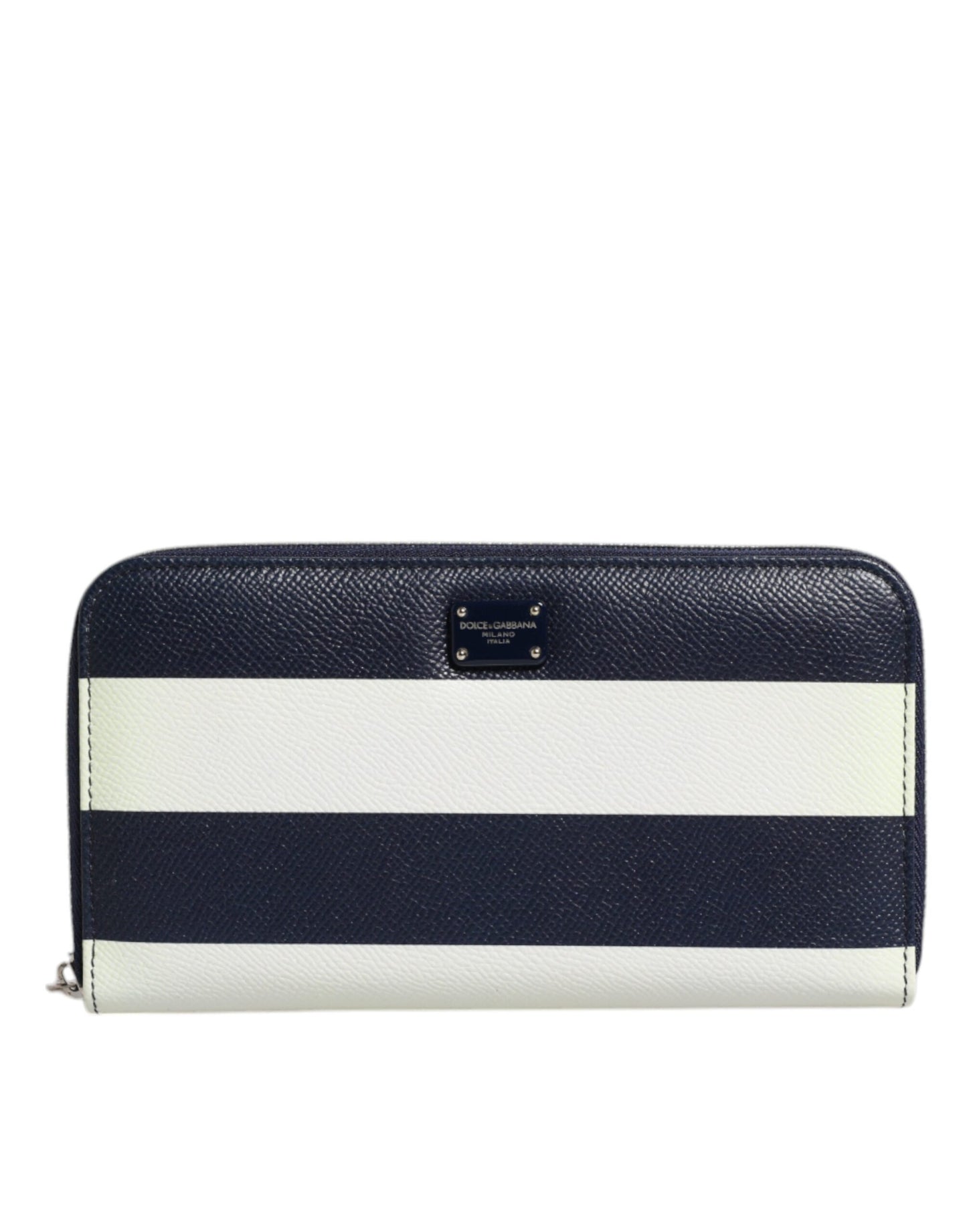 White Blue Striped Leather Zip Around Continental Wallet