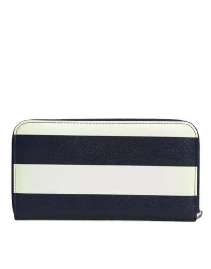 White Blue Striped Leather Zip Around Continental Wallet