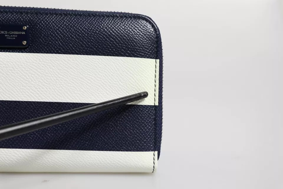 White Blue Striped Leather Zip Around Continental Wallet