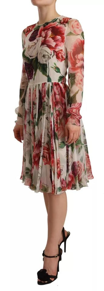 White Floral Silk Long Sleeves Pleated Dress