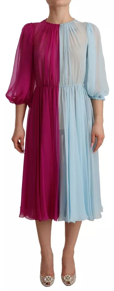 Fuchsia Light Blue Silk Two Tone Midi Dress