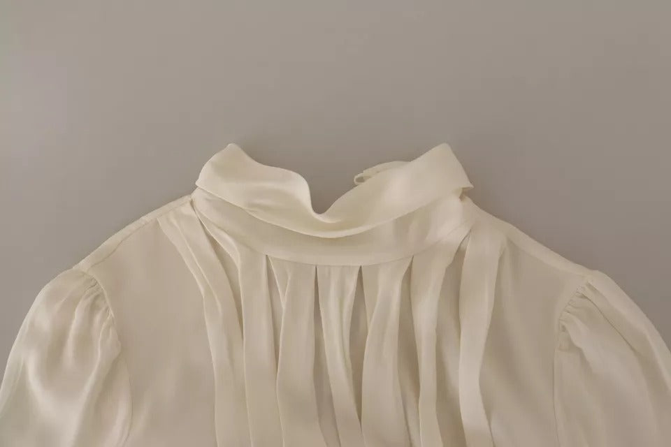 Off White Silk Long Sleeve Turtle Neck Top