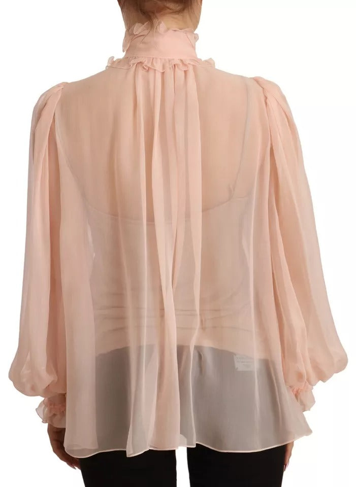 Light Pink Silk Long Sleeve Ascot Collar Top