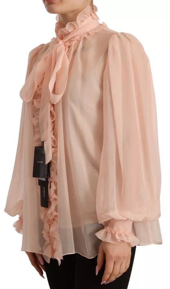 Light Pink Silk Long Sleeve Ascot Collar Top