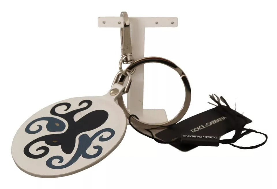 White Leather Printed Metal Silver Tone Keyring Keychain