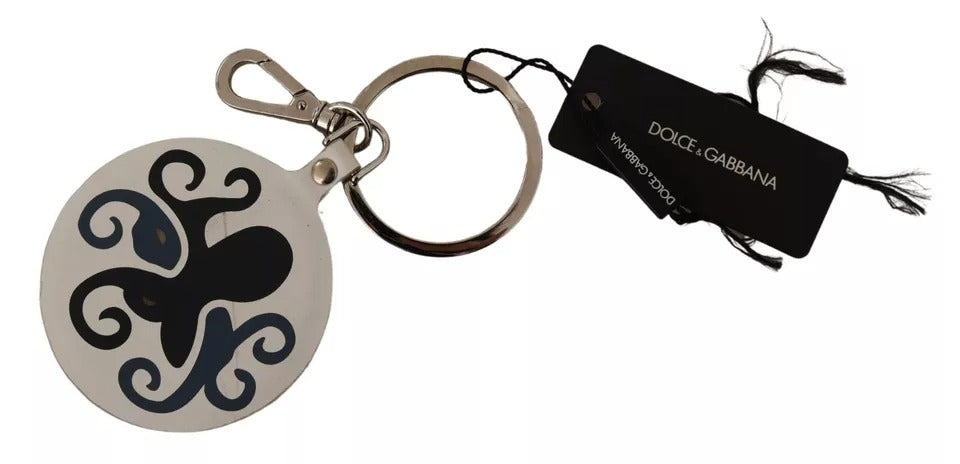 White Leather Printed Metal Silver Tone Keyring Keychain