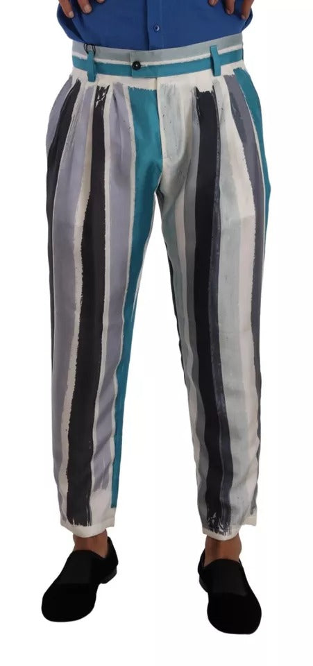 Blue Striped Silk Tapered Pants