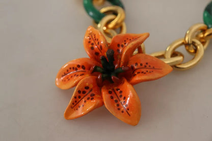 Multicolor Gold Orange Lily Floral Chain Necklace